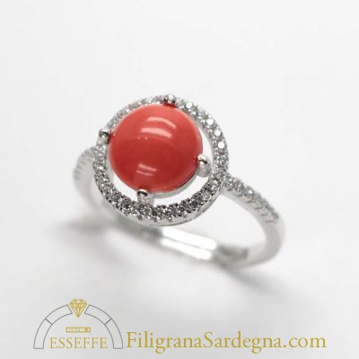 Anello argento corallo rosso e zirconi