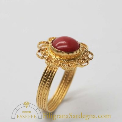 Anello con corallo tondo e filigrana d'oro