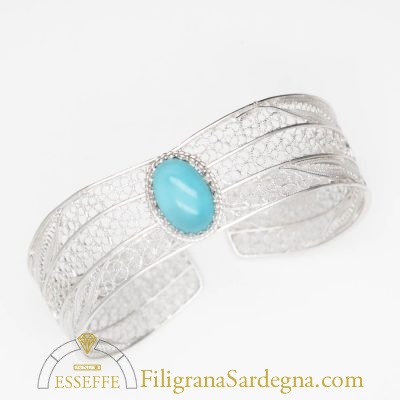 Bracciale alla schiava in filigrana d'argento con cabochon turchese