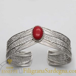 Bracciale alla schiava in filigrana d'argento con cabochon turchese - Corallo bamboo