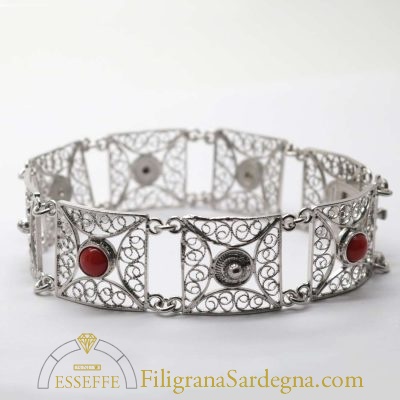 Bracciale argento con maglie quadrate in filigrana e coralli