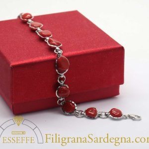 Bracciale argento lucido e sassi di corallo rosso