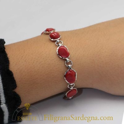 Bracciale argento lucido e sassi di corallo rosso