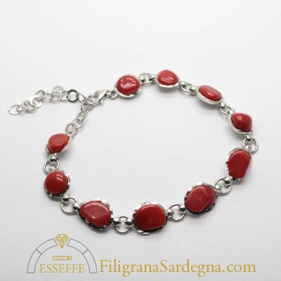 Bracciale argento lucido e sassi di corallo rosso