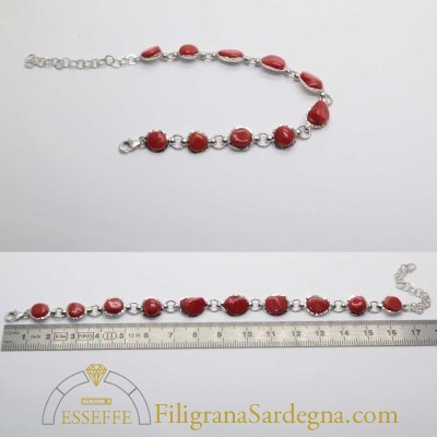 Bracciale argento lucido e sassi di corallo rosso