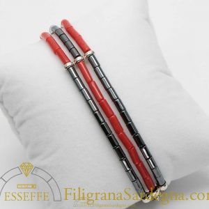 Bracciale cannettine di corallo ed ematite con chiusura in argento