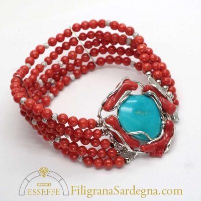 Bracciale in corallo con turchese e fili d'argento