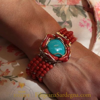 Bracciale in corallo con turchese e fili d'argento