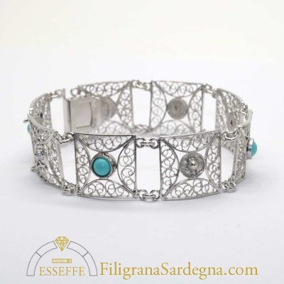 Bracciale argento a maglie quadrate in filigrana e turchese