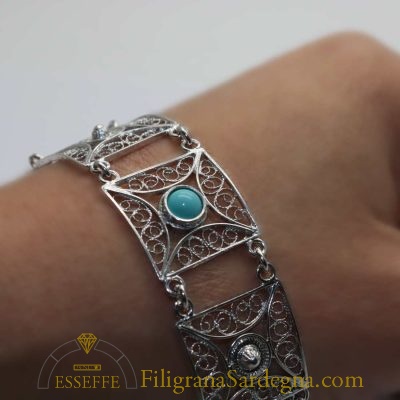 Bracciale argento a maglie quadrate in filigrana e turchese