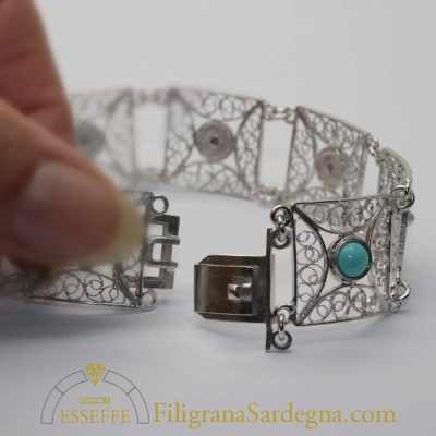 Bracciale argento a maglie quadrate in filigrana e turchese