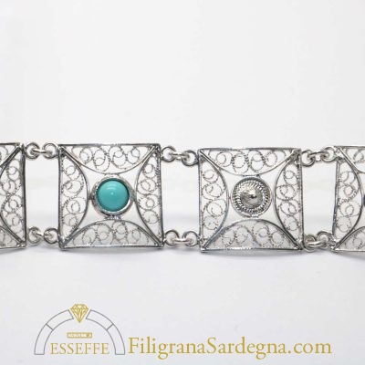 Bracciale argento a maglie quadrate in filigrana e turchese