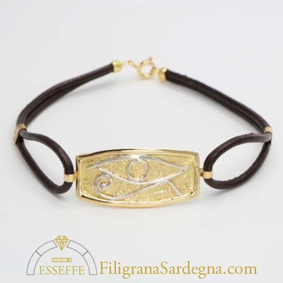 Bracciale in pelle con lastra in oro e occhio di Horus