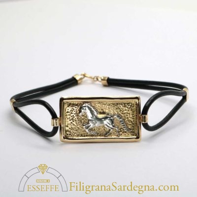 Bracciale in pelle e oro con cavallo