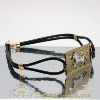 Bracciale in pelle e oro con cavallo