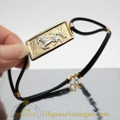 Bracciale in pelle e oro con cavallo