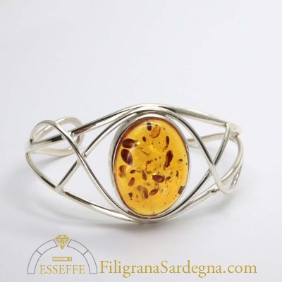 Bracciale rigido in argento con cabochon d'ambra