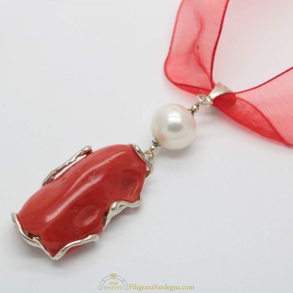 Ciondolo Goccia In Perla Di Conchiglia E Corallo Rosso – Collana E Orecchini Set In Argento Placcato