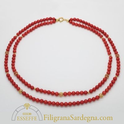 Collana con due fili di corallo rosso Sardegna e filigrana d'oro