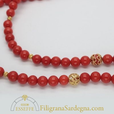 Collana con due fili di corallo rosso Sardegna e filigrana d'oro