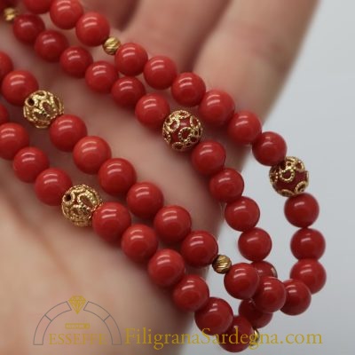 Collana con due fili di corallo rosso Sardegna e filigrana d'oro