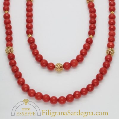 Collana con due fili di corallo rosso Sardegna e filigrana d'oro