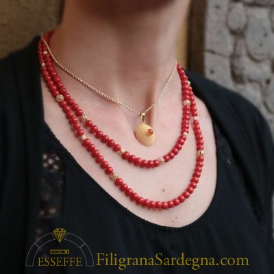 Collana con due fili di corallo rosso Sardegna e filigrana d'oro