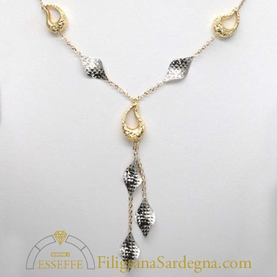 Collana in oro giallo e bianco con doppio pendente