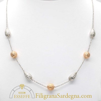 Collana oro bianco con intercalari a goccia e a sfera in oro rosso