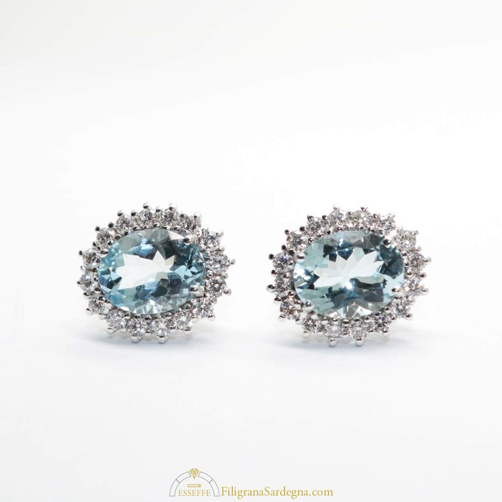 Orecchini acquamarina ovale e diamanti Gioielli Sardi Filigrana