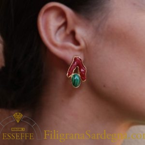 Orecchini ramo di corallo e perle, malachite o acquamarina - Malachite